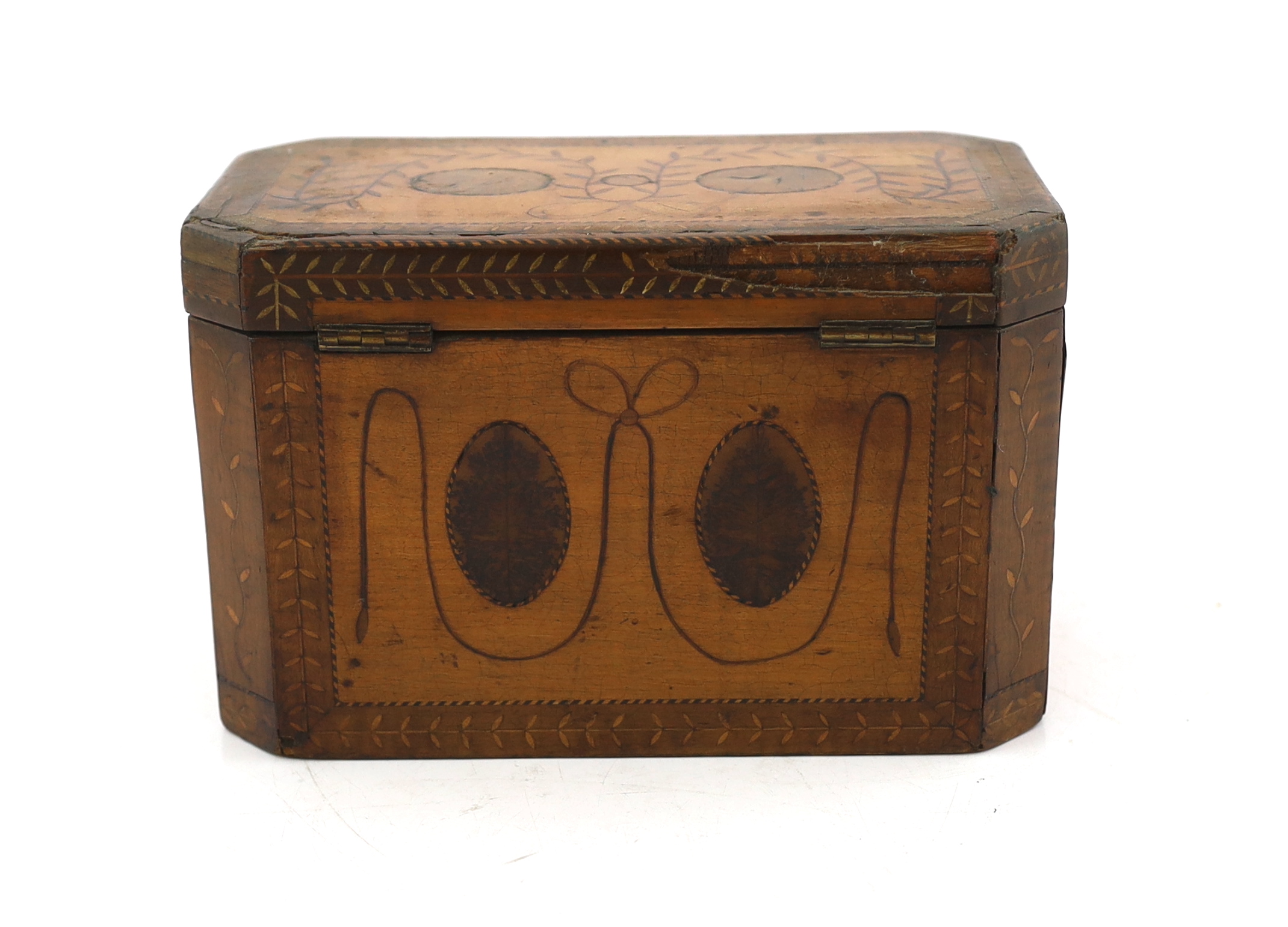 A George III Sheraton style marquetry inlaid satinwood tea caddy 20.5cm wide, 11.5cm deep, 13cm high